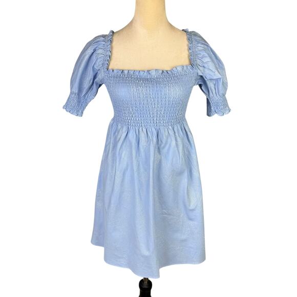 Hill House NWT Athena Nap Dress Light Blue Glitter Check Smocked Mini Babydoll - Picture 3 of 13